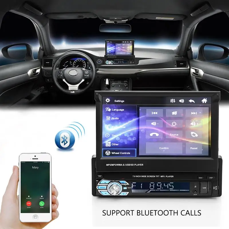 7 Inch Telescopic Large Screen Car MP5 Player Car Vehicle DVD FM/MP5 GPS Bluetooth Auto Radio Player Support Hands-Free Call