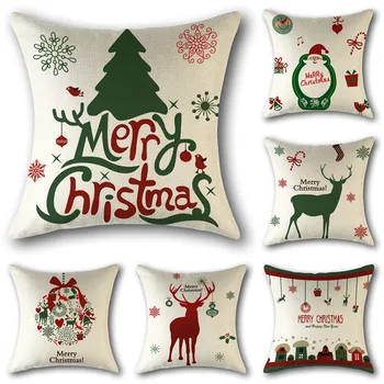 

New Year Christmas Linen Sofa Cushion Cover Santa Claus Snowman Elk Pattern Print Home Decoration Cartoon Pillow Case 45x45cm