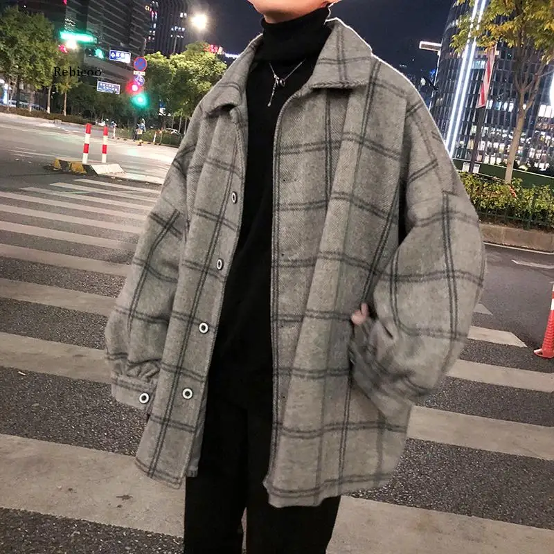 Men Korean Style Plaid Overcoat Overcoat Wool Mens Streetwear Windbreaker Harajuku Fashions Oversize Jackets Coats