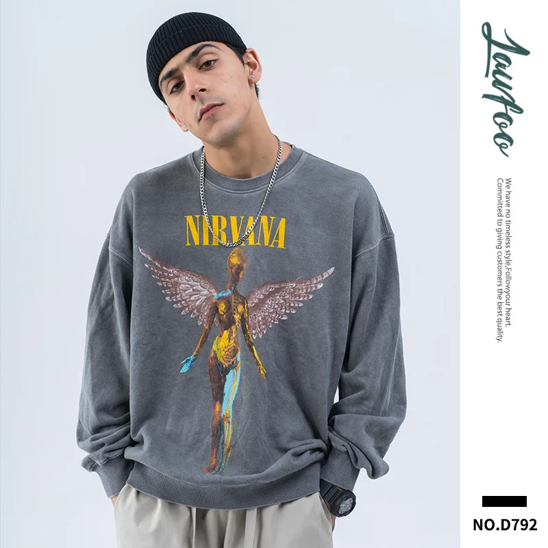 

2019 Tide Brand Anatomy Angel Print Sweatshirt Wash Old Style Men's Hoodies Streetwear Personality Gray Hoodie