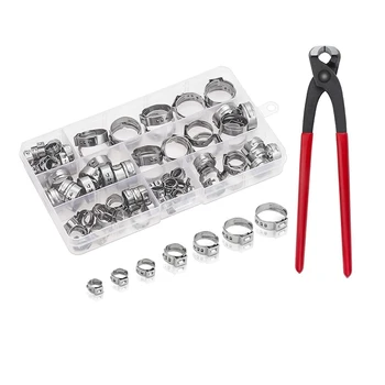 

SHGO HOT-100Pcs Single Ear Hose Clamps Water Pipe Hose Clamp with Plier Mixed Assorted Set for Sealing Hose Stainless Steel