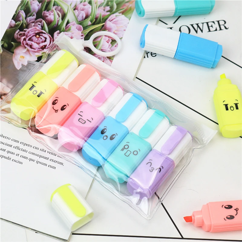 6-color cute face Highlighter Standard oblique tip Student notes key marker pen Children's drawing with colored pens