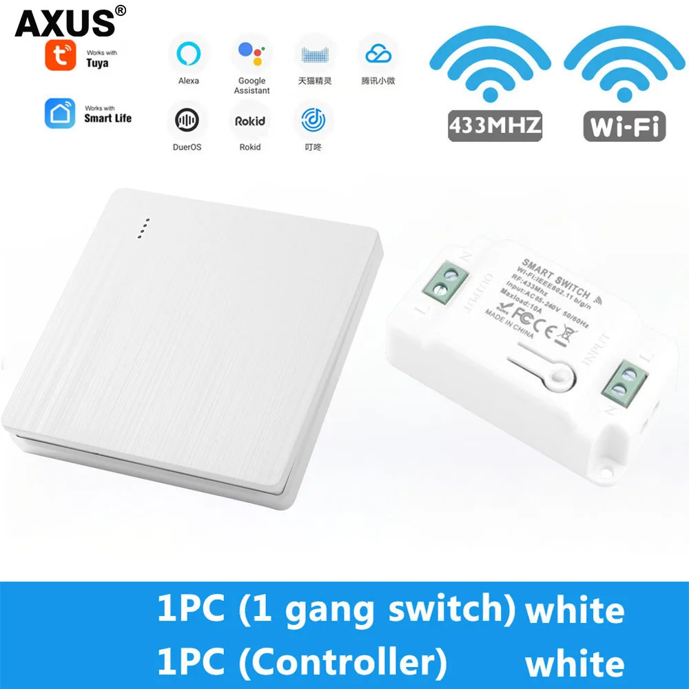 AXUS Tuya Wall Smart WiFi Push Button Switch RF 433Mhz Light Switch Wireless Remote Controller Relay Module Google Home Alexa remote light switch control Wall Switches