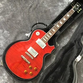 

High quality pickups. New style electric guitar and case, mahogany body 6 pricks guitar. red color tiger flame beige top guitar