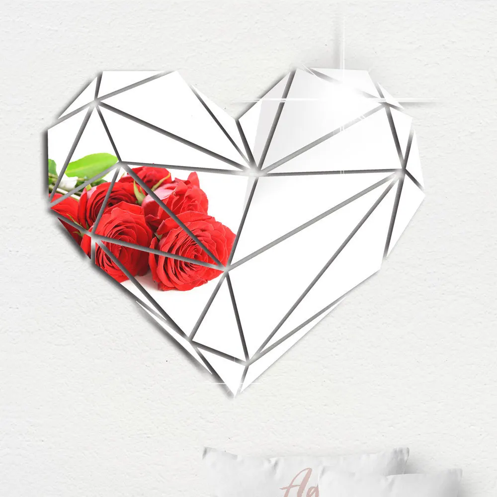 Heart Acrylic Mirror Wall Stickers 3D Creative Geometric Puzzle Heart Decoration Living Room Bedroom Art Wall Acrylic Decor
