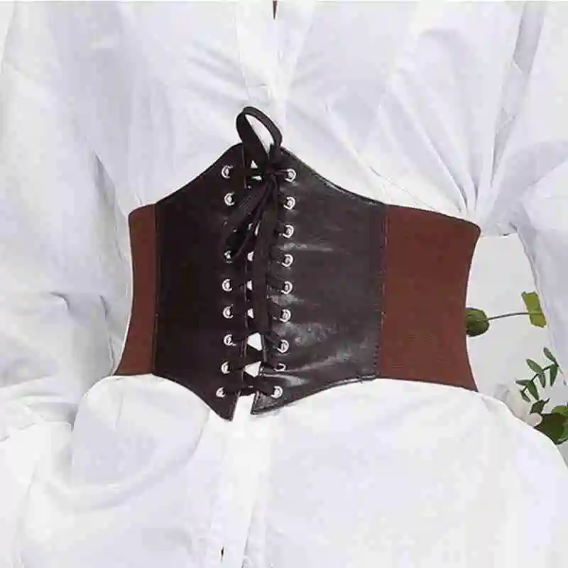 여성용 고딕 다크 레이스업 허리 와이드 PU 가죽 벨트, 여성 패션 슬리밍 허리띠, 조절 가능한 원피스 거들, 1 개