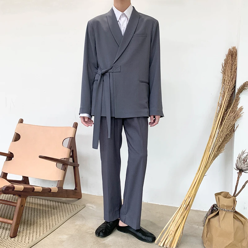 Men's suit 2019 autumn and winter new handsome long loose belt pure color wild suit young people fashion trend men's clothing Men's suit 2019 autumn and winter new handsome long loose belt pure color wild suit young people fashion trend men's clothing