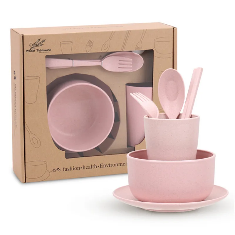 Pink 6 шт./компл. детские, для малышей набор посуды Пшеничная солома Портативный бытовой комплект столовой посуды простые блюда салат миска тарелка для стейка - Цвет: Pink