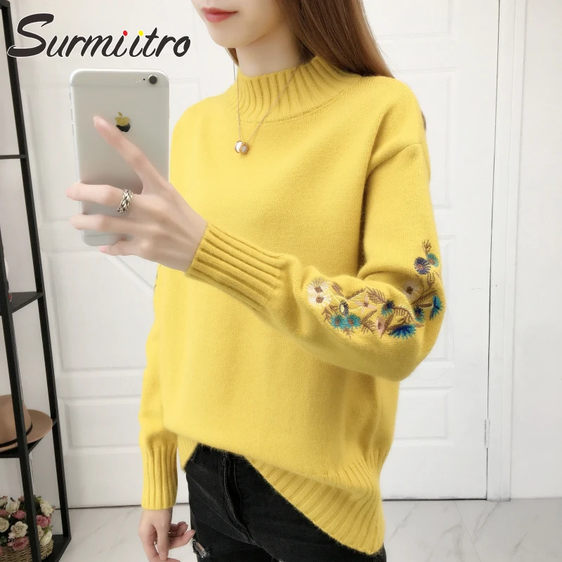 Pаспродажа женский вязаный свитер с цветочной вышивкой SURMIITRO, половина водолазки, синий цвет длинного рукава джемпер в корейском стиле для женщин осен...