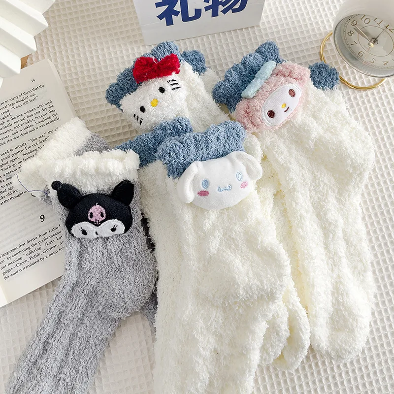 Kawaii Sanriod Kuromi Melody Cinnamoroll Plush Toys Cartoon Casual Cute  Coral Fleece Women Socks Animal Plushie Girls Gift