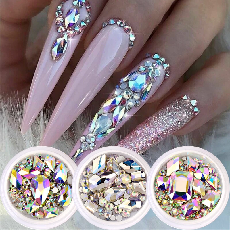 12 Girds Colorful Red Nail Rhinestones Mixed Size AB Auroras Flatback Shiny  Crystal 3D Glitter Gems Nail Art Decorations Strass - AliExpress