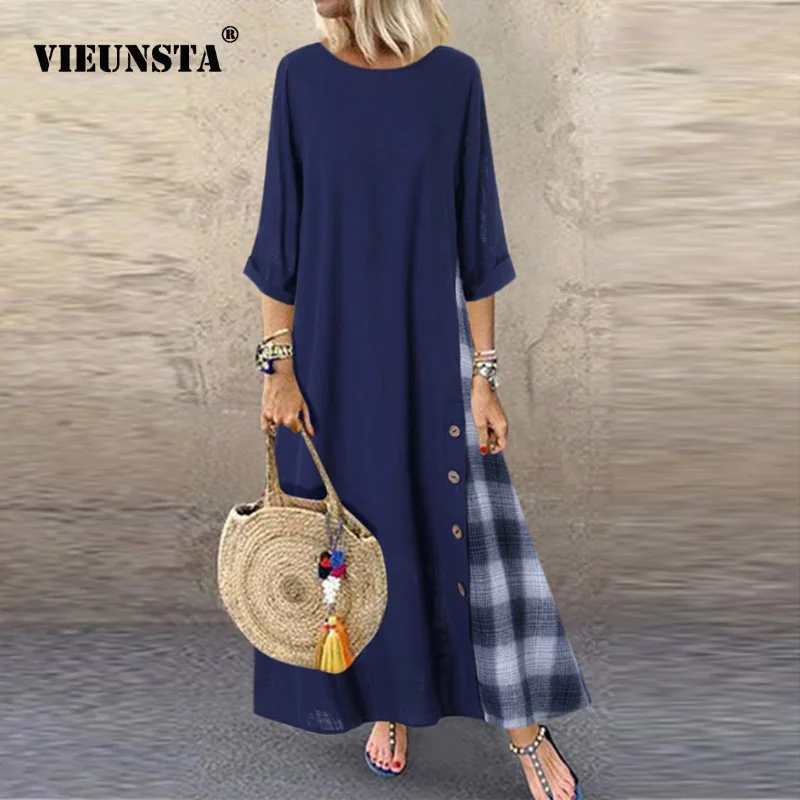 

VIEUNSTA Vintage Button Patchwork Plaid Print Dress O Neck Women Cotton Linen Dress Autumn Plus Size Casual Party Dress Vestidos