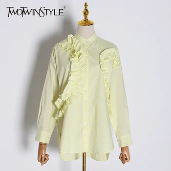 

TWOTWINSTYLE Asymmetrical Patchwork Ruffles Women' Blouses Stand Collar Lantern Long Sleeve Loose Irregular Female Shirt Fashion