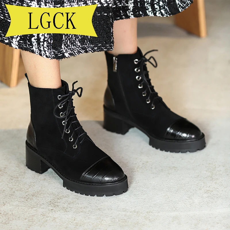 

Plus Size 34-43 Boots Female 2020 Genuine Leather Women Booties Lace Up Black Winter Women Shoes Non-slip Girl Martin Boots