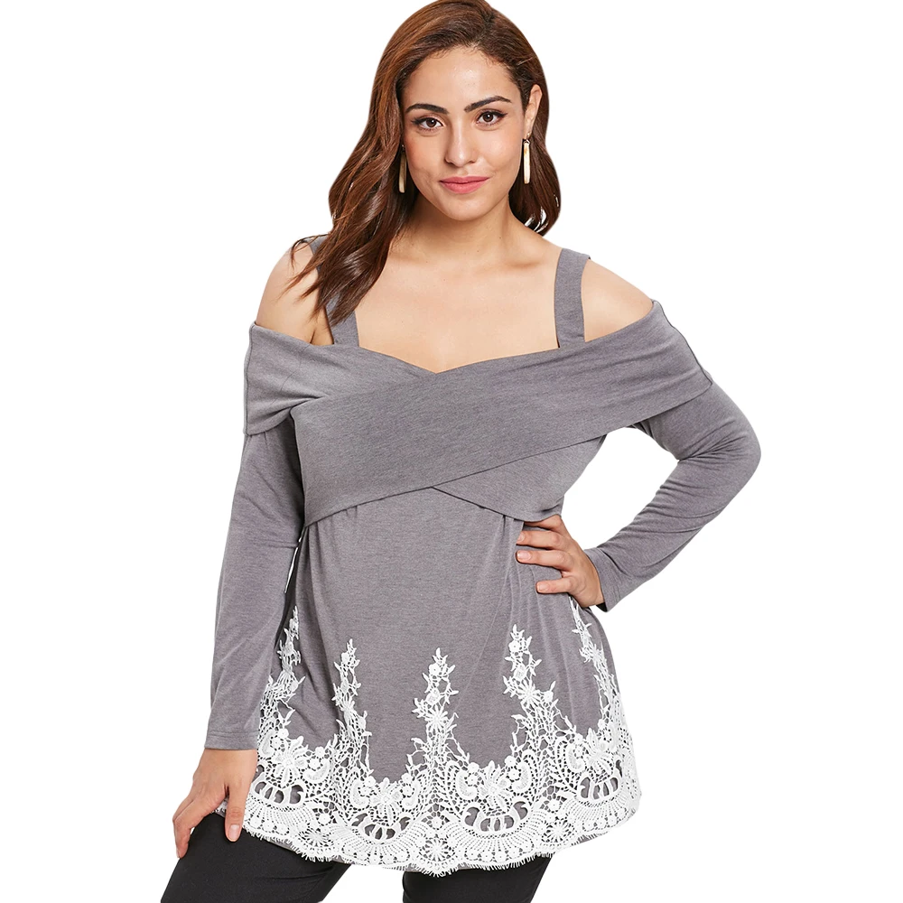 

fashion Big Size Cold Shoulder Front Criss Cross Applique T-shirt Plus Size Women Clothing Casual T shirt Female Ladies Tops 5XL