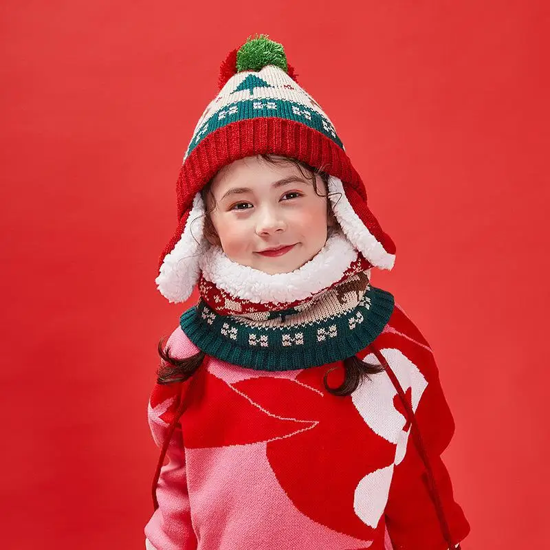 COKK/детская шапка и шарф, бархатный утепленный комплект для детей, зимняя вязаная шапка с помпоном и шарфом, комплект из двух предметов, рождественский подарок, Корея