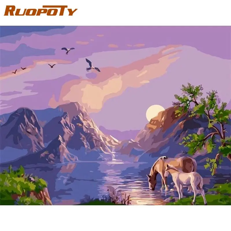 

RUOPOTY Frame DIY Painting By Numbers Color Aurora Landscape Paint By Numbers For Home Wall Art Picture Unique Gift