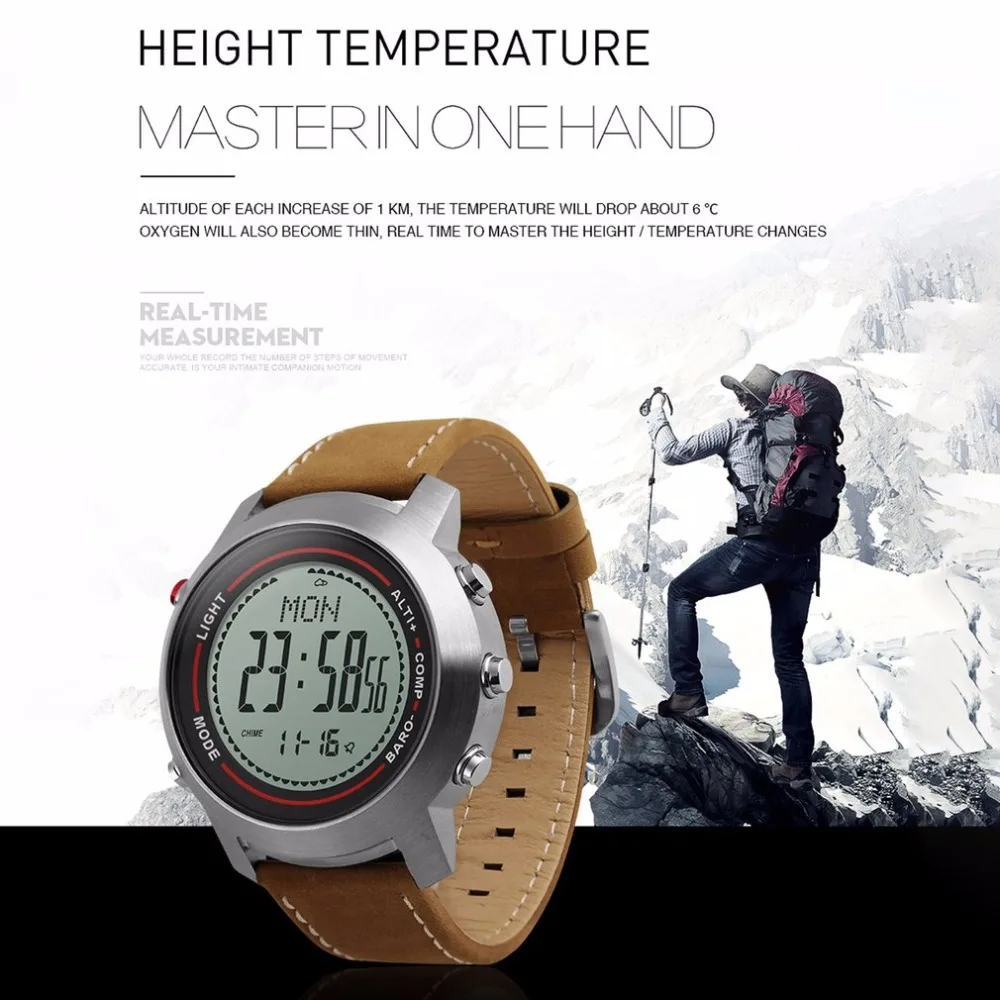 MG03 Sport Watch Stainless Steel Dial Leather Band Multi-Function 5ATM Mountaineer Smart Watch Altimeter Barometer Thermometer