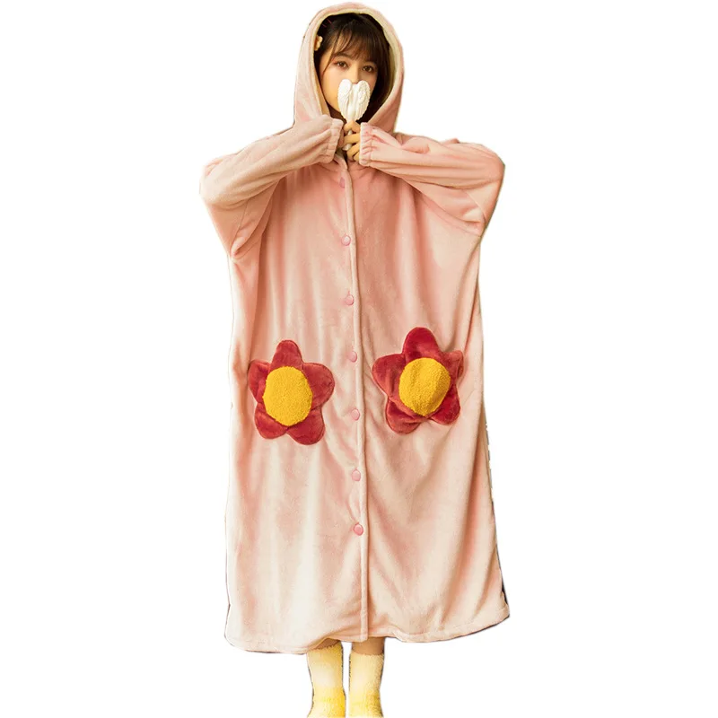 Plush Nightgown Women Autumn and Winter Thickening Pajamas Hooded Long Plus Size Home Casual Clothes Cute Cartoon Flowers