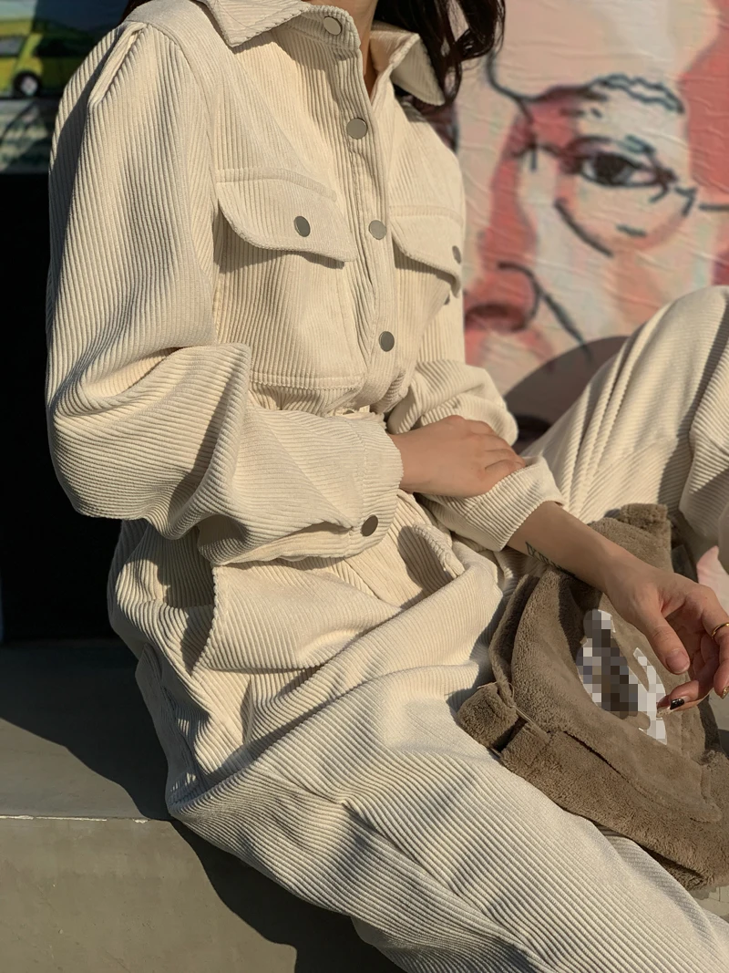 Spring 2020 Corduroy Jumpsuits Romper Women High Fashion Button Jumpsuit Female Casual Overalls