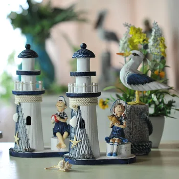 

Mediterranean Style Wood Boy Girl Lighthouse Wooden Model Couple Tower Figurine Nautical Decor Home Accessories Crafts Gift