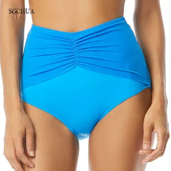 

SGCHUA Big 5XL Pleated Bow Bikini Bottom High Waist Solid Blue Women's Swimming Trunks May Beach Briefs Black Pink Swim Panties