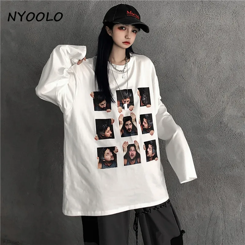 NYOOLO Harajuku винтажная уличная Футболка с принтом головы портрет Топы Осенняя свободная футболка с длинными рукавами и круглым вырезом Женская мужская одежда