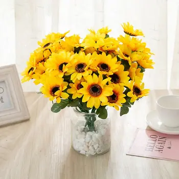 7 Fork Lifelike Sunflower Silk Simulation Sunflower Fake Flowers Bouquet Home Office Wedding Party Decor Photography Props