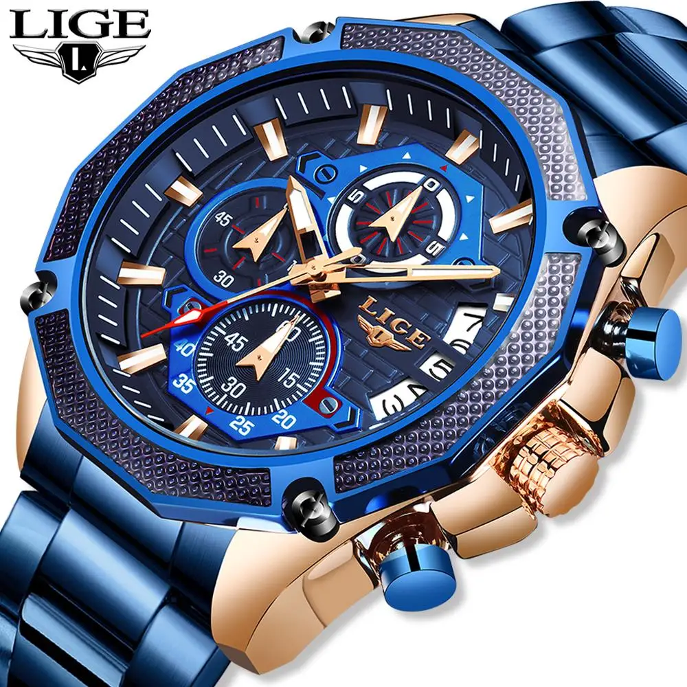 

LIGE Fashion Business Blue Mens Watches Top Brand Luxury Clock Male Military All Steel Waterproof Quartz Watch Relogio Masculino