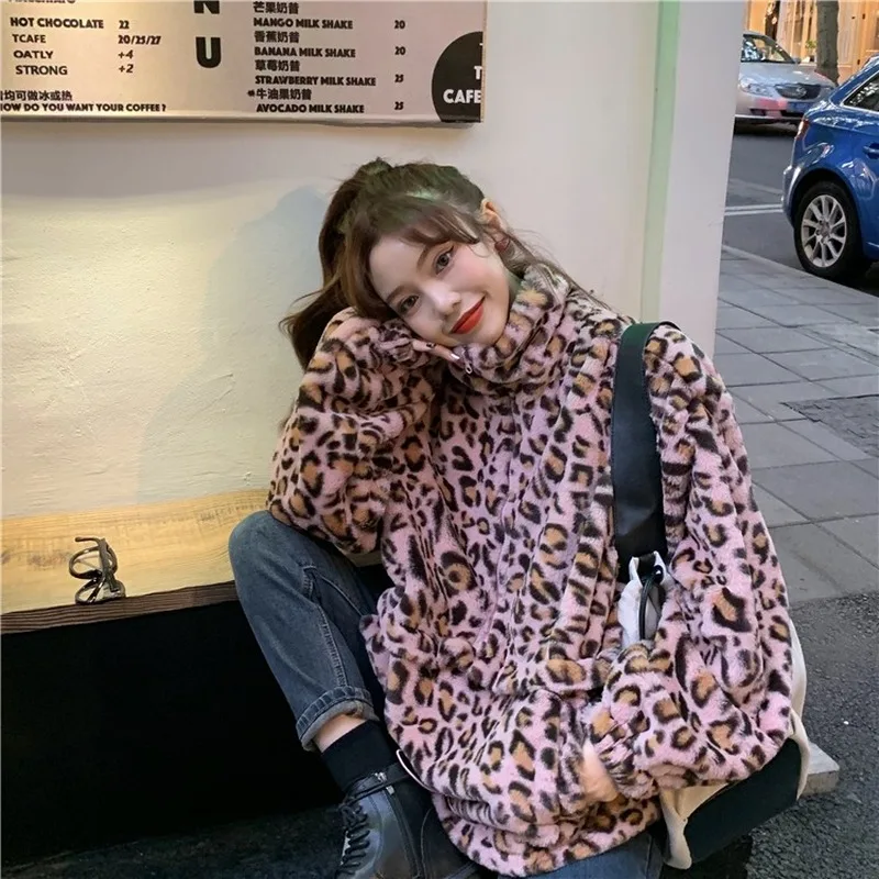 Gaganight Leopard Fleece Autumn Winter Fashion Hoodies Long Sleeve Stand Collar Korean Sweatershirt Girls Outwear Loose Tops New