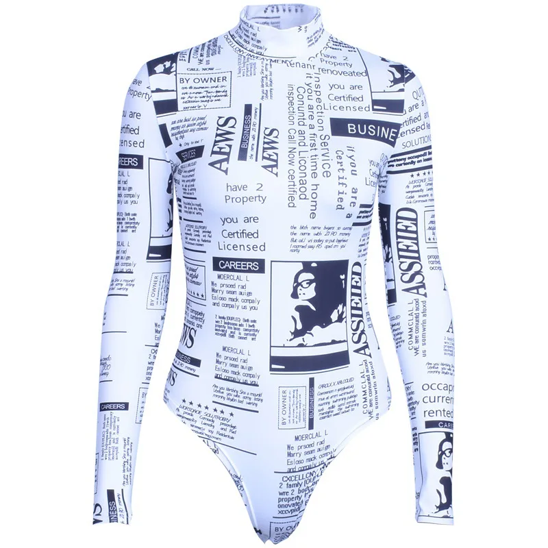 Newspaper Print Turtleneck Bodysuit Women Long Sleeve Bandage Romper Elastic Night Club Overalls Streetwear Skinny Outfits white lace bodysuit