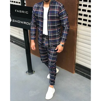 

New Fashion Jackets Men Tracksuit Sets Mens set Colorful Plaid Men Casual Zipper Set Autumn Tracksuit Set Male Sweatshirt Pocket