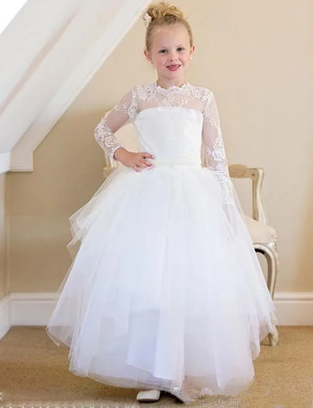 313Cute Princess Flower Girl Dress Illusion Lace Sleeves Beads Lovely Bow Long Formal Vintage Flowergirl Dress for Wedding First Communion