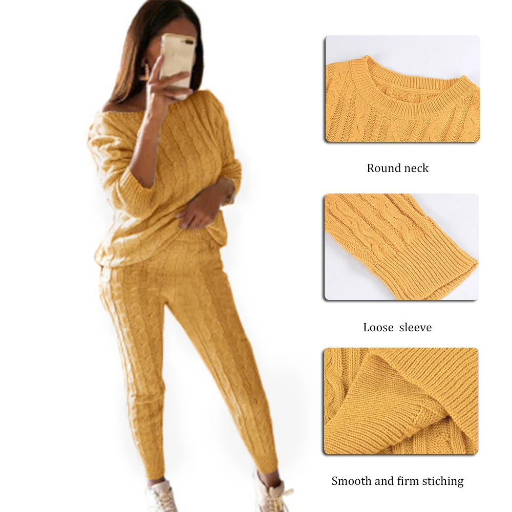 LITTHING Autumn New Cotton Tracksuit Women 2 Piece Set Sweater Top+Pants Knitted Suit O-Neck Knit Set Women Outwear 2 Piece Set