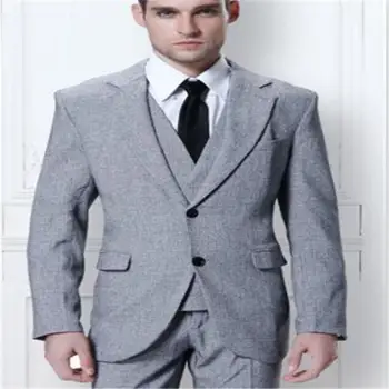 

Terno Masculino Mens Suits (Jacket+Pants+Vest) Grey Tweed Two Button Wedding Custom Made Prom Masculino Trajes De Hombre Blazer
