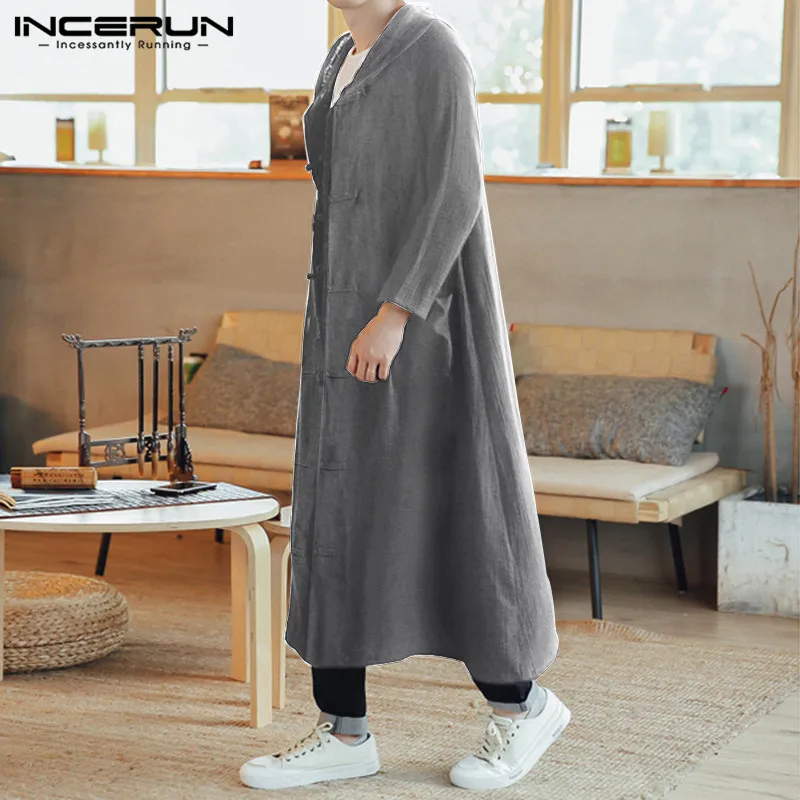 INCERUN, китайский стиль, мужские плащи, хлопок, с капюшоном, на пуговицах, с карманами,, длинная верхняя одежда, Ретро стиль, с длинным рукавом, мужские повседневные куртки