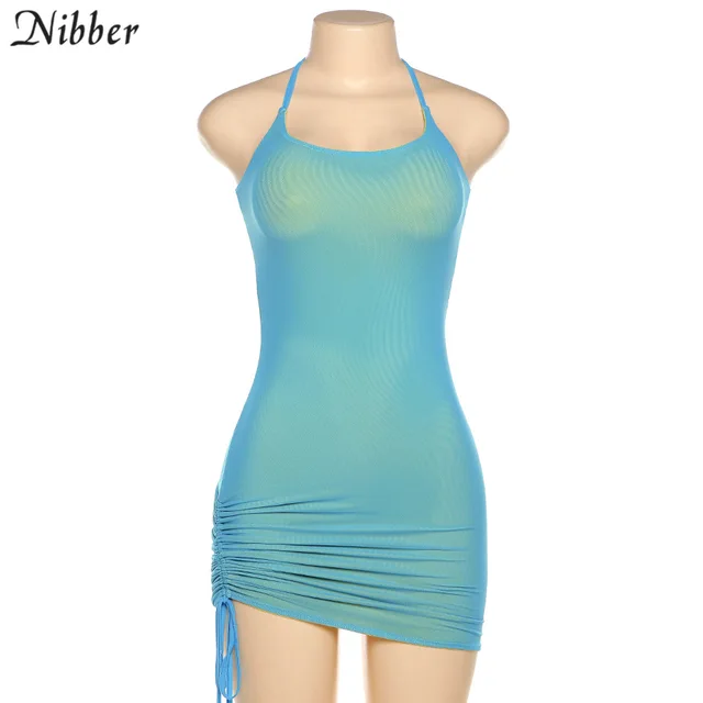 Nibber Solid Color Drawstring Party Wrap Dress Women Sling Sleeveless Halter Bodycon Club Wear Summer