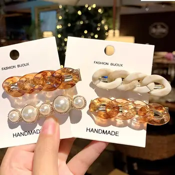 

1set=2pc Women Girls Korean The Chain Pearl Hairpin Female Ins Chain Hairpin Headdress Sweet Girl Side Clip Hair Accessories