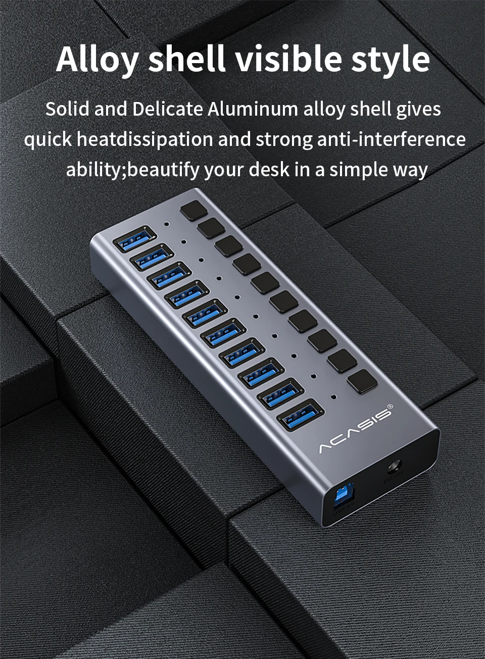 Acasis USB 3.0 HUB Aluminum Switch With 12V Power Adapter