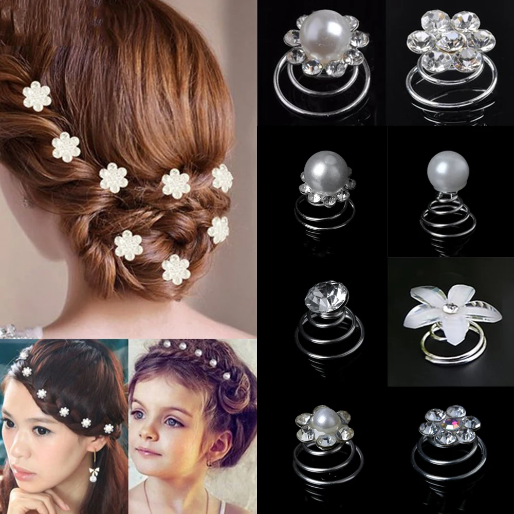 Hair Clips Hair Accessories 12Pcs Bridal Crystal Pearl Flower Spiral Twist Hair Pins Clips Wedding Jewelry Bride Headdress Women Hair Styling Accessories
