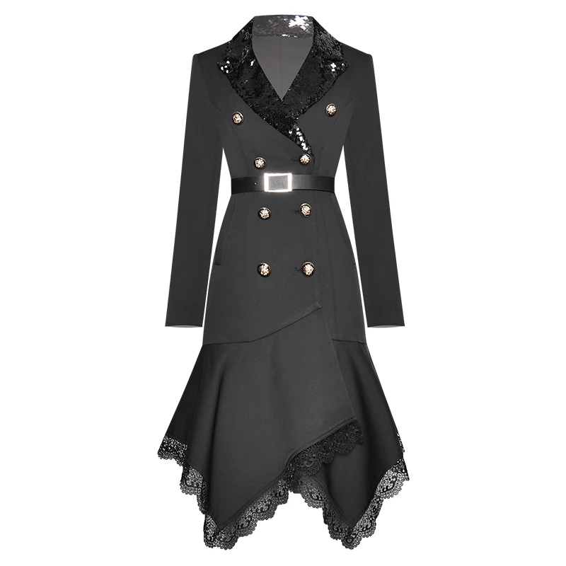

Runway Designer High Quality Blazer Dress Women Sparkly Sequin Lapel Collar Double Breasted Lace Long Sleeve Dresses With Belt