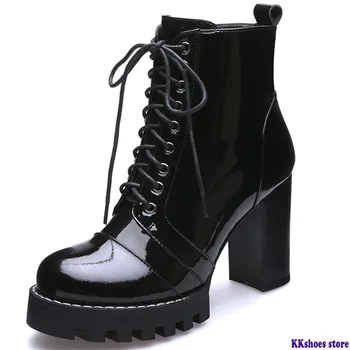 

2020 high quality genuine leather boots women lace up autumn winter ankle boots for women platform high heels boots