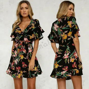 

Women Short Sleeve Loose Floral Print Mini Dress Ladies Summer Casual Party Evening Shirt Dress Holiday Beach Tops Sundress New
