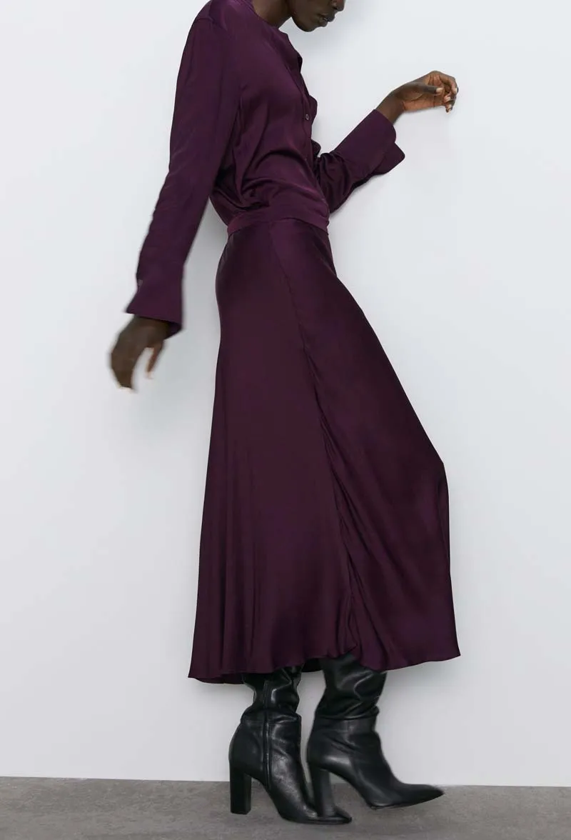 Элегантная зимняя атласная длинная юбка женская фиолетовая летняя с высокой талией макси юбки женские эластичные низ YNZZU