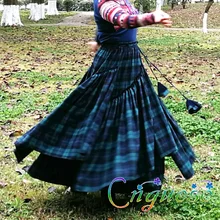 Весенне-осенняя женская зеленая хлопковая Повседневная клетчатая плиссированная юбка в деревенском стиле, женские юбки для пасторальных танцев