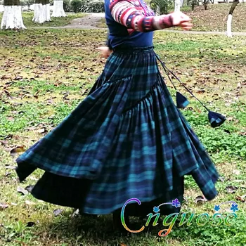 

2019 Spring Autumn Female Green 100% Cotton Casual Farmhouse style Plaid Pleated Skirt Designs Grid Pastoral Dance Skirts Womens