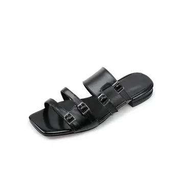 

Women Slippers Ladies Summer Genuine Leather Shoes Woman Low Heels Sandals Fashion Black Buckle Casual Shoe