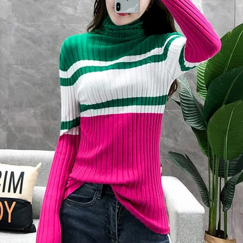 

#3831 Womens Sweaters Pullover Turtleneck Casual Spliced Color Tight Sweater Female Pullovers Long Sleeve Knitwear Tops Ladies