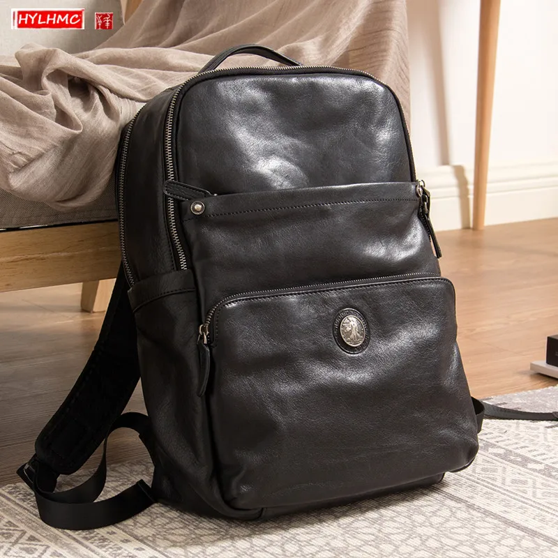 Genuine Leather Men's Backpack Business Shoulder Bag Computer Travel Backpacks First Layer Cowhide Large Capacity 15.6 Inch Bags | Багаж и