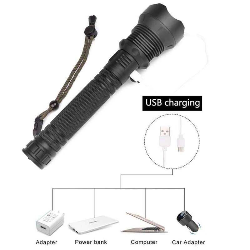 T20 LED Flashlight XHP70.2/XHP50 Powerful LED Torch High Lumens Adjustable Focus USB Rechargeable Handheld Light for Outdoor